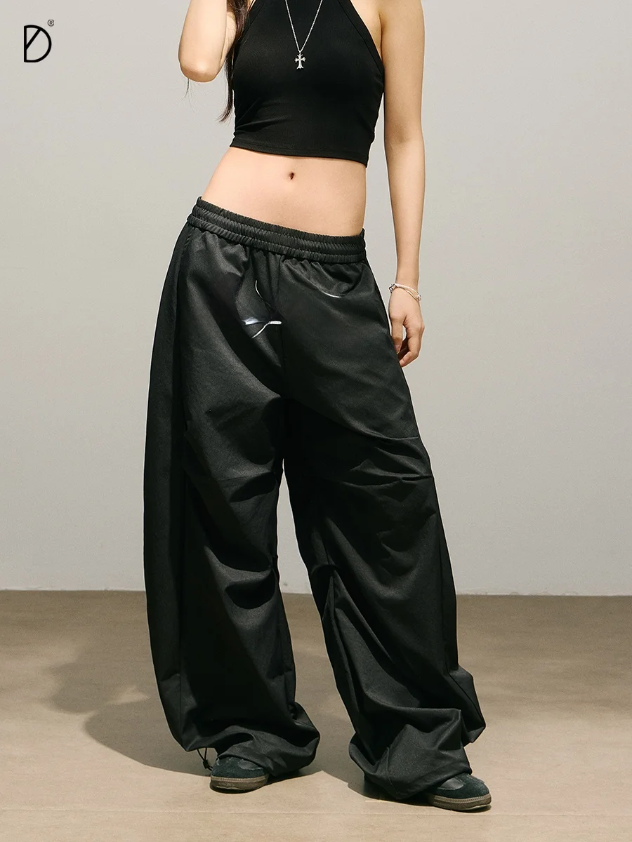 Smiledddd Bend Knife Work Pants Loose Wide Leg Trousers for Women Dance Streetwear Nylon Woven Fabric Natural Waist Elastic Hem