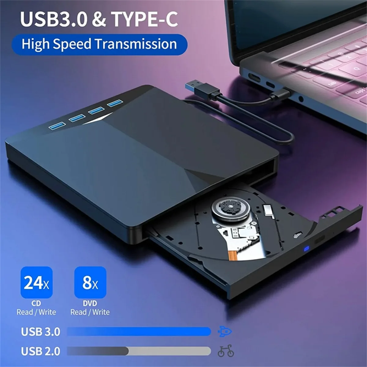 USB 3.0 Type-C External DVD RW CD Drive Burner Reader Player External Optical Drive for PC Laptop Desktop Computer