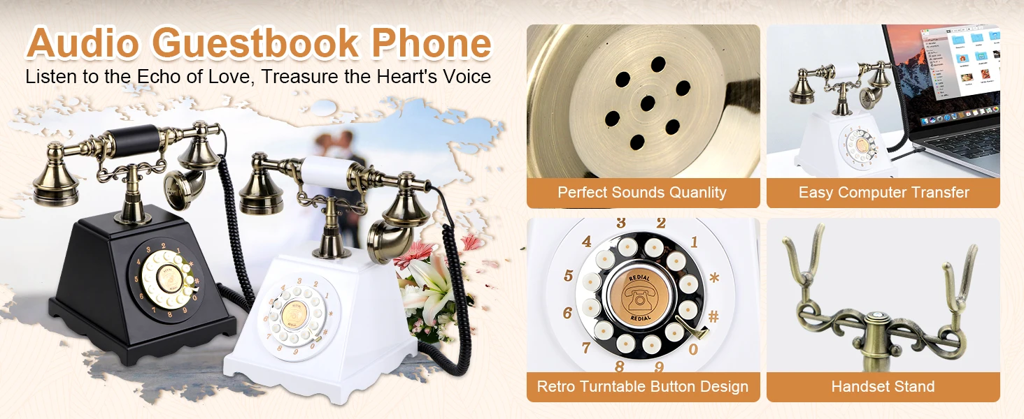 Retro-Audio-Gästebuch-Telefon Hochzeit Vintage-Telefon Wunsch- und Nachrichtenaufzeichnung Gästebuch Party-Deko – Detail 3