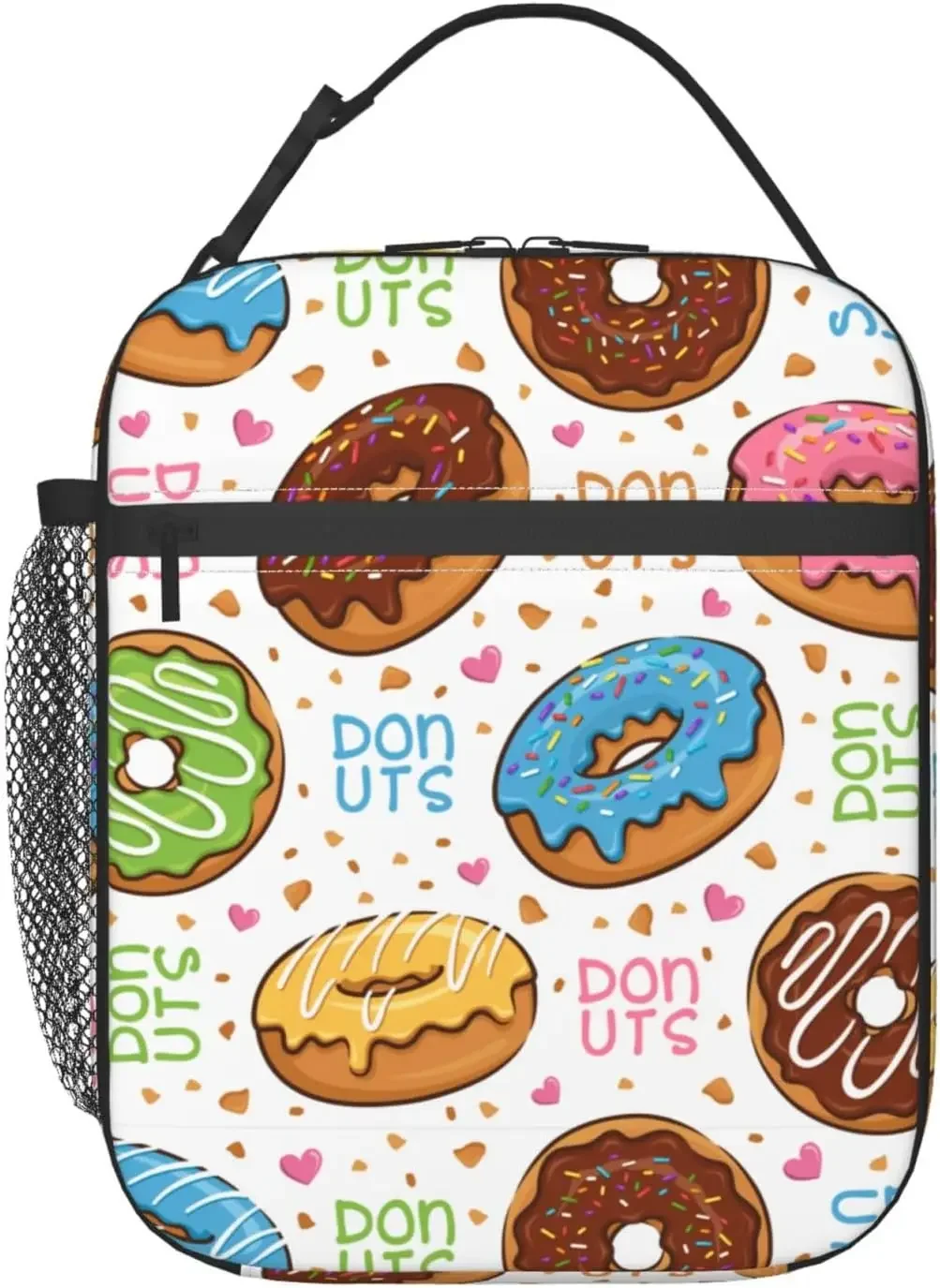 Colorful Donut Insulated Reusable Lunch Box Portable Cooler Lunch Tote Bag with Side Pocket For Women Men Office Work Picnic