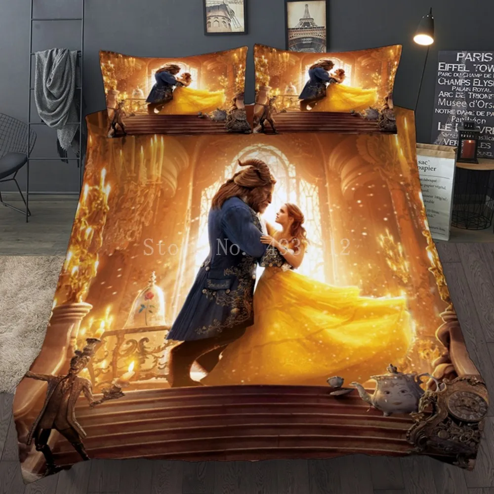 Disney-Ensemble de housse de dessin animé 3D La Belle et la Bête, lit Queen et King Size, maison Everthess, Twin, Single, Double, parure de lit adulte