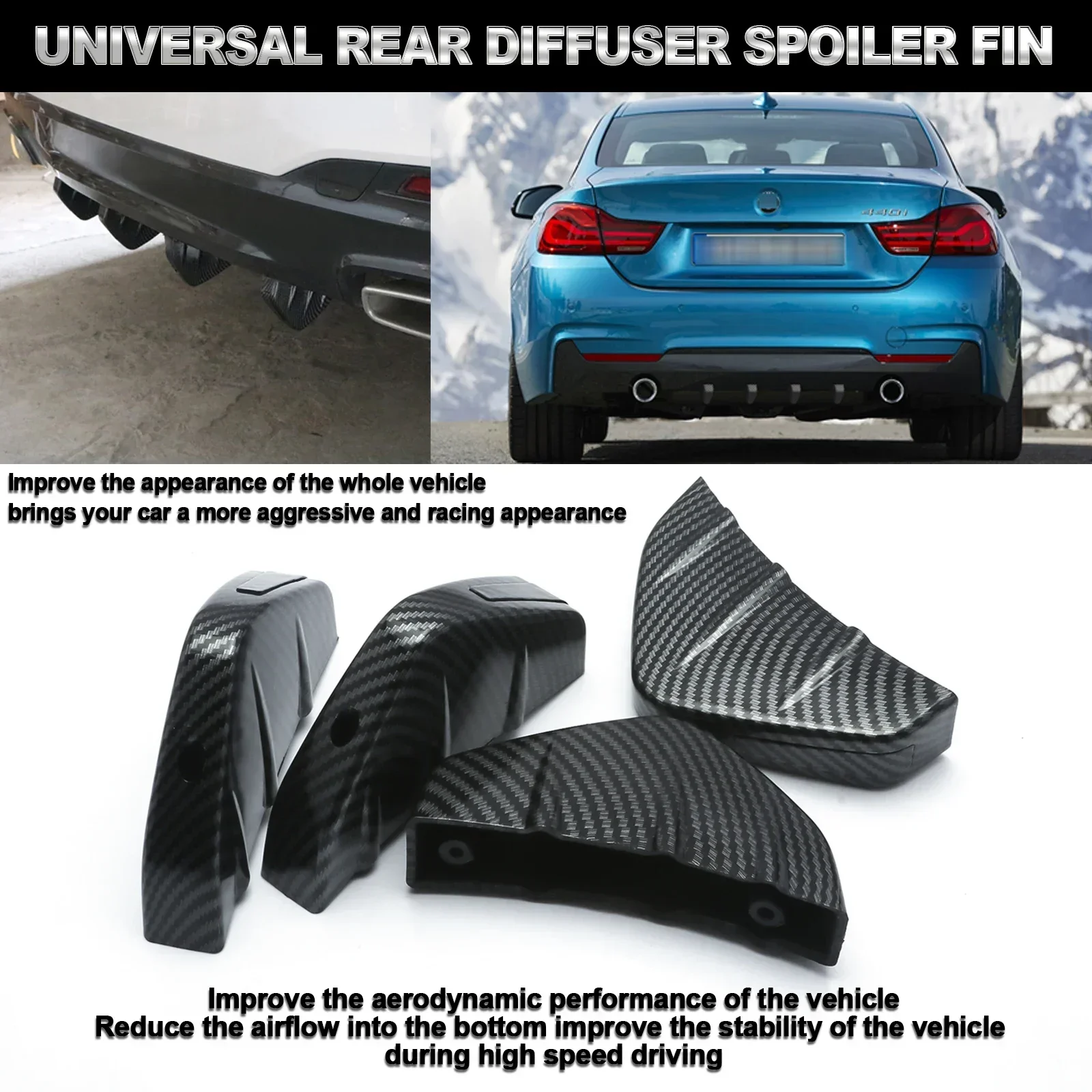 Universal Carbon Fiber Style JDM Racing Rear Bumper Splitter Molding Sharp Fins Diffuser Spoiler Protector Cover Kit Accessories
