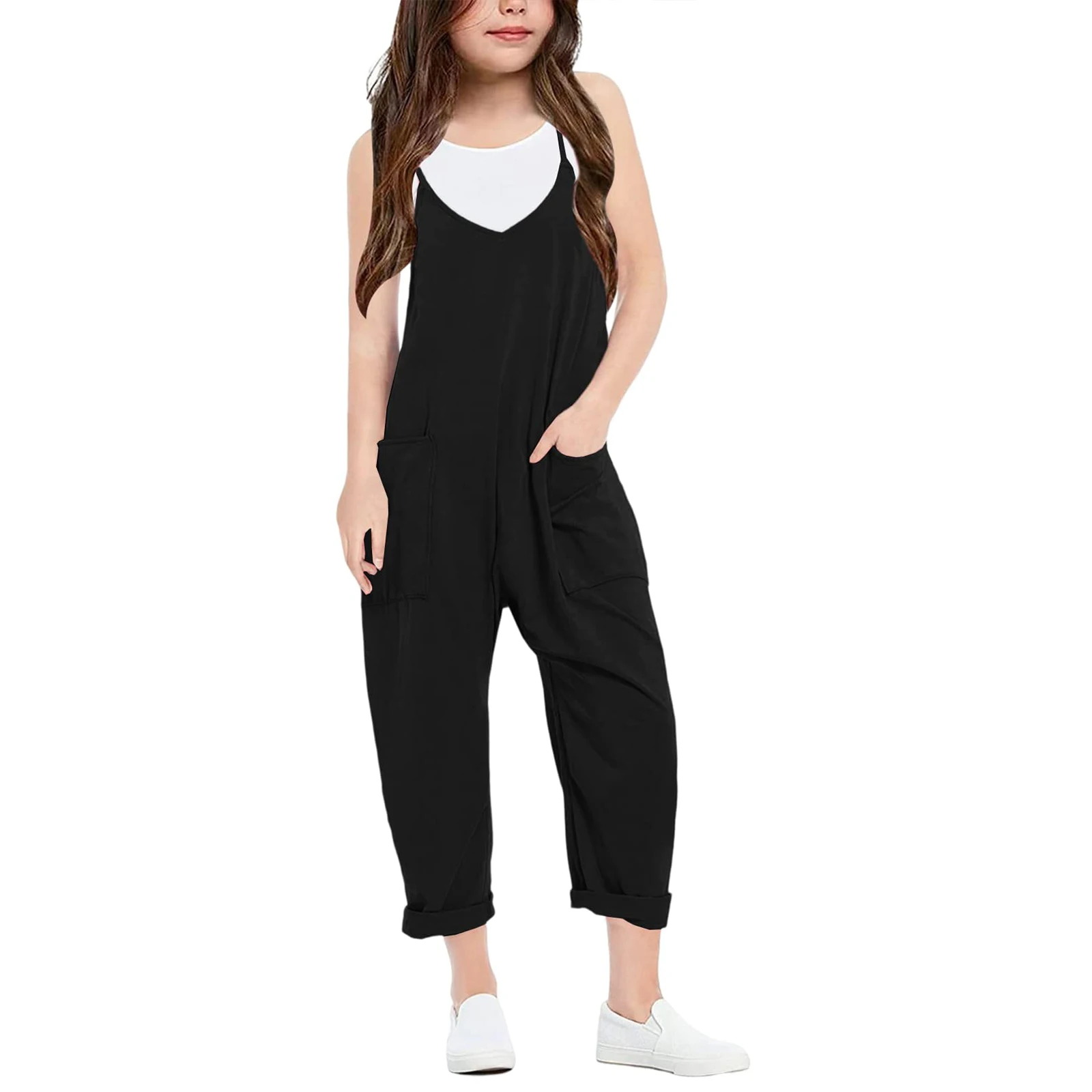 Summer fashion casual girls V-neck halter jumpsuit solid colour loose with pockets lightweight trousers girls