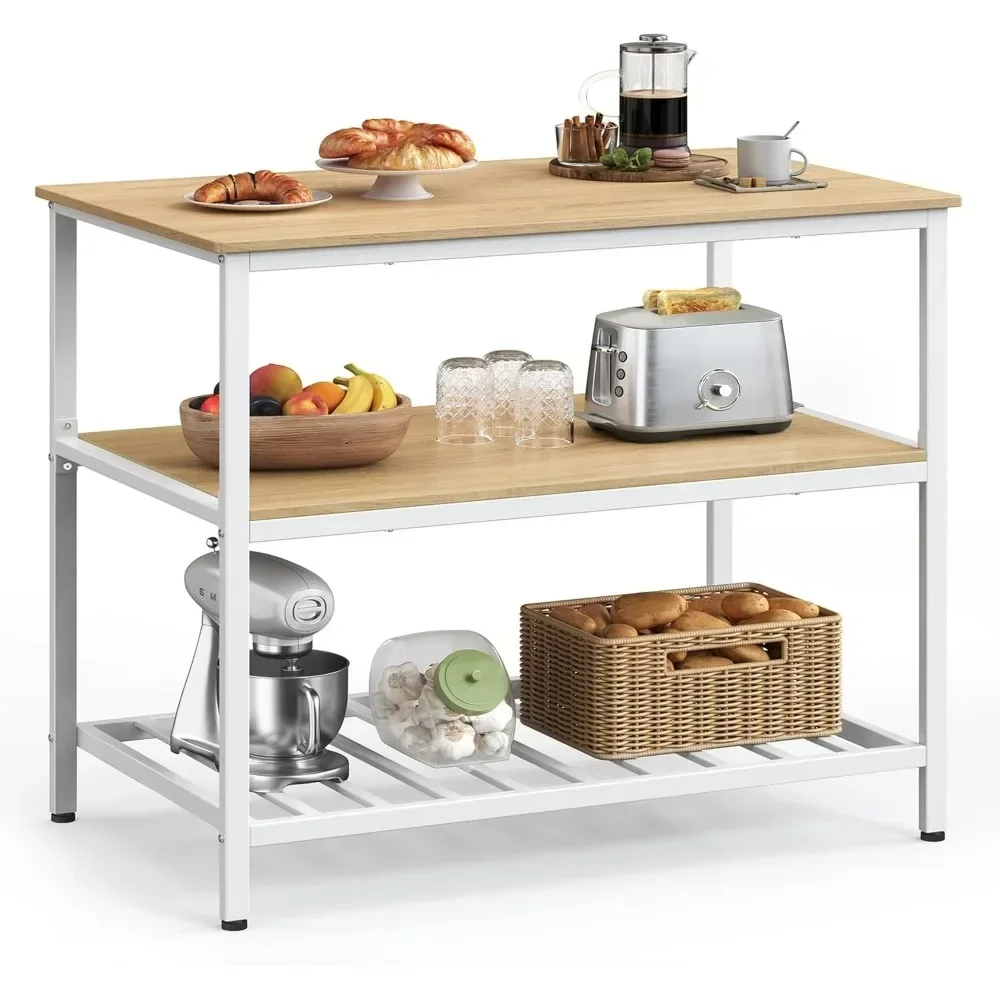 Equipped with three 39.4-inch wide kitchen shelf countertops, stable steel structure, easy to assemble, oak and white colors