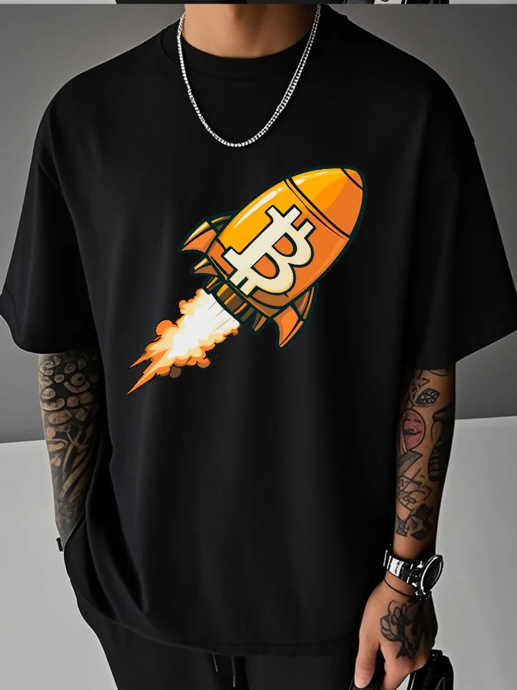 Men Summer Casual Short Sleeve T Shirt Bitcoin Rocket Graphic Print Oversized Loose Tees Streetwear Daily Fashion Tops