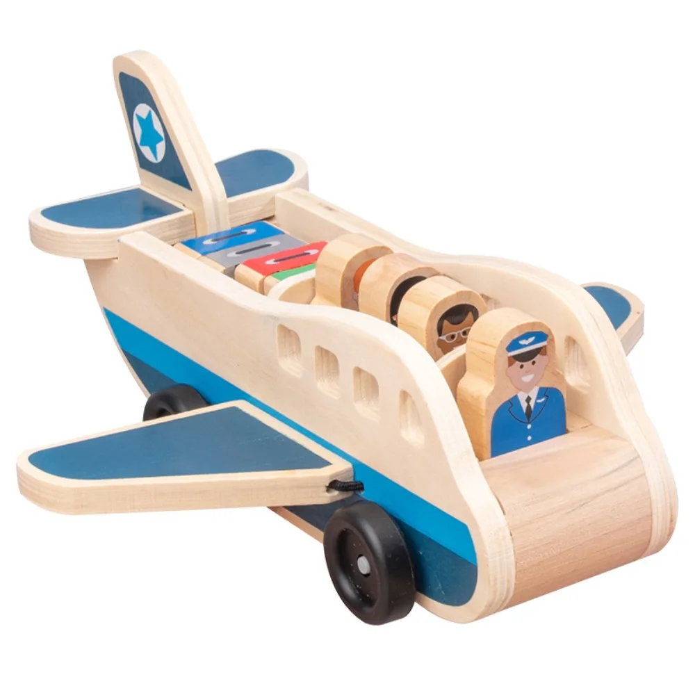 

Building Blocks Wooden Passenger Plane Set Simulation Trailer Double Layer Car Model Color Cognitive Passengers