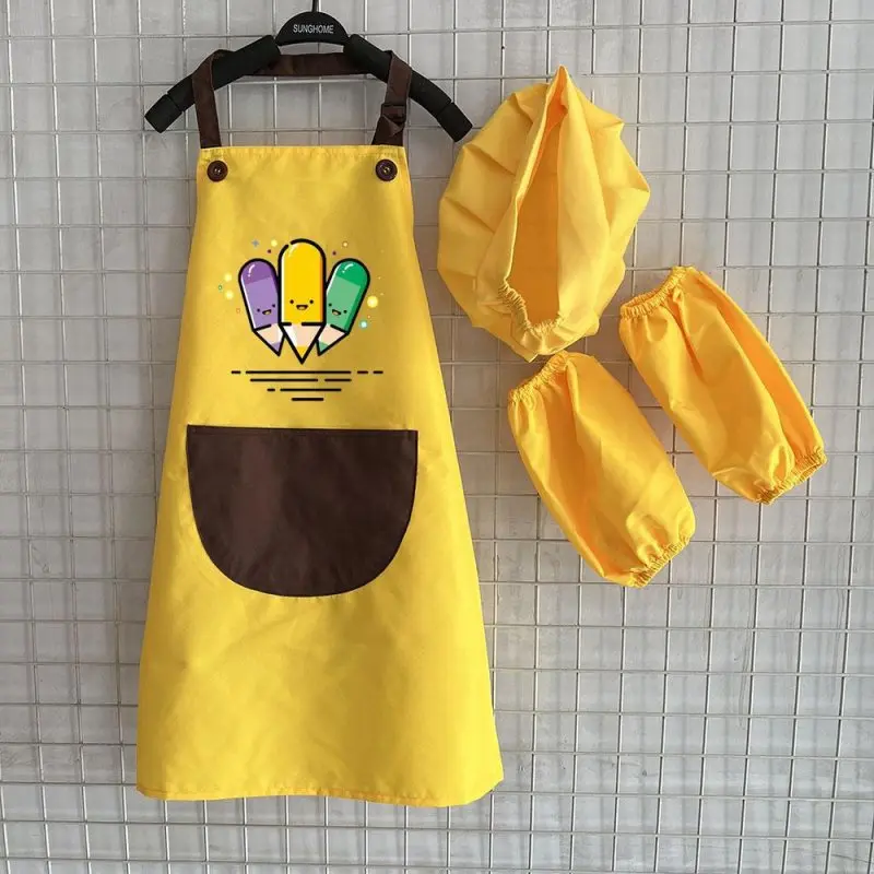 2024 Kids Apron and Chef Hat Set Adjustable Cotton Child Aprons with Large Pocket Girls Boys Kitchen Aprons for Cooking Baking