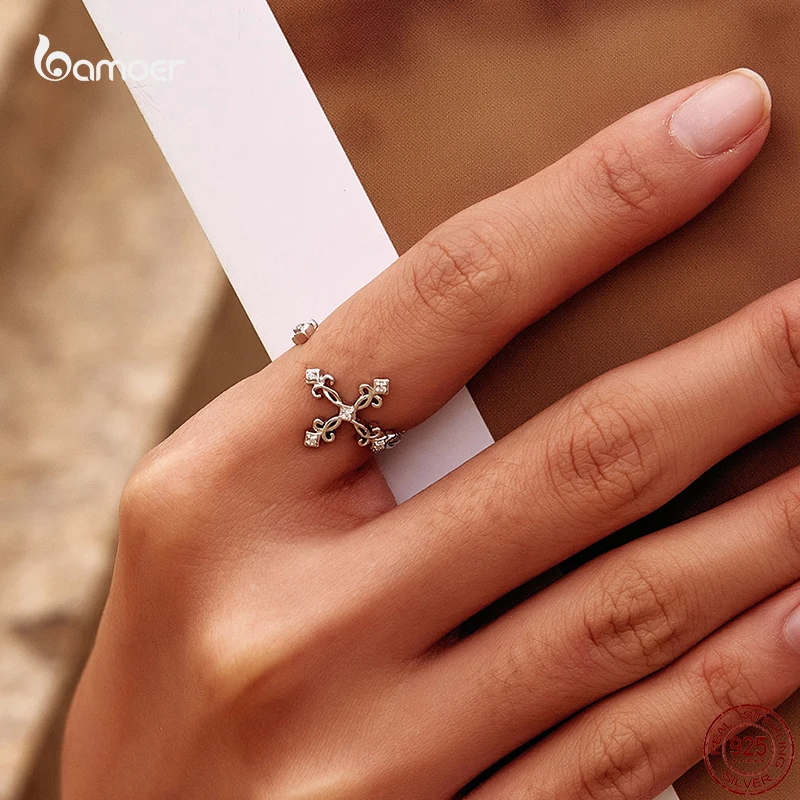 Bamoer 925 Sterling Silver Romantic Rose Opening Rings Leaf Sunflower Plant Rings for Women Wedding Party Fine Jewelry Gift