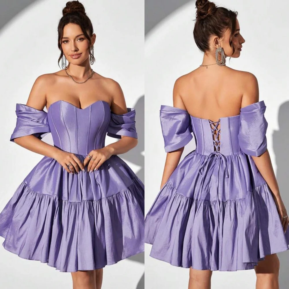 Satin Draped Pleat Ruched Prom A-line Off-the-shoulder Bespoke Occasion Gown Knee Length Dresses