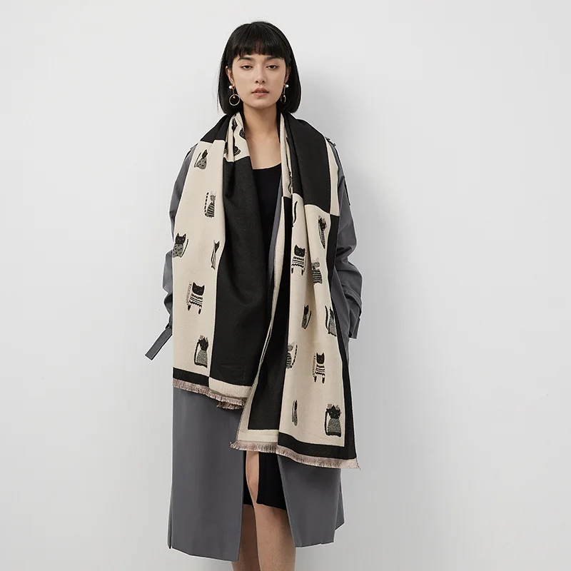 

New Cat Print Scarf Women Cute Thick Acrylic Wool Like Shawl Wrap Winter Warm Two Way Student Scarves for Women