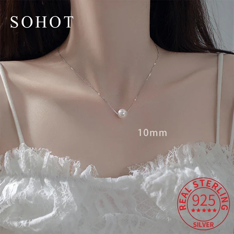 

Real 925 Sterling Silver 6/8/10mm Bead Pearl Pendant Choker Necklace For Charm Women Fine Jewelry Minimalist Accessories