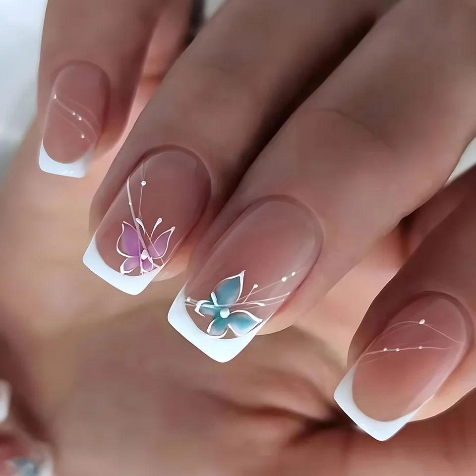 24 piezas set de uñas postizas cortas cuadradas para primavera verano estilo francés con diseño de flores y mariposas 5