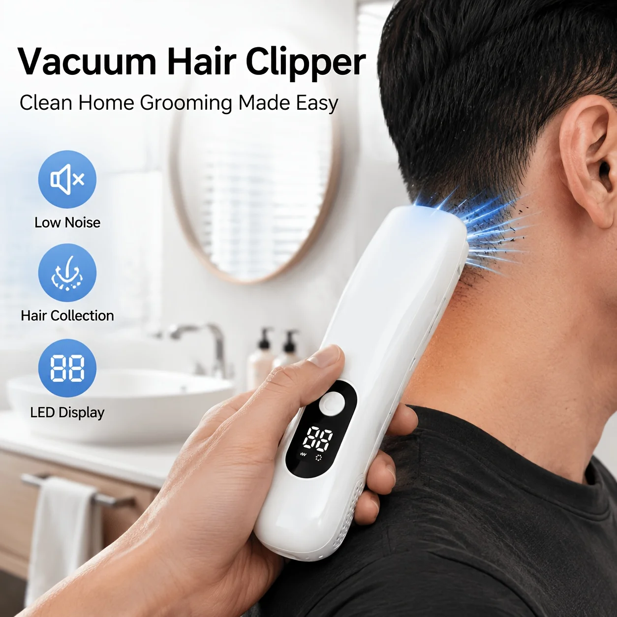Vacuum Hair Clipper Electric Cordless Hair Trimmer 3 Speed Ceramic Blade Quiet Low Vibration LED Display for Men Adults Home Use