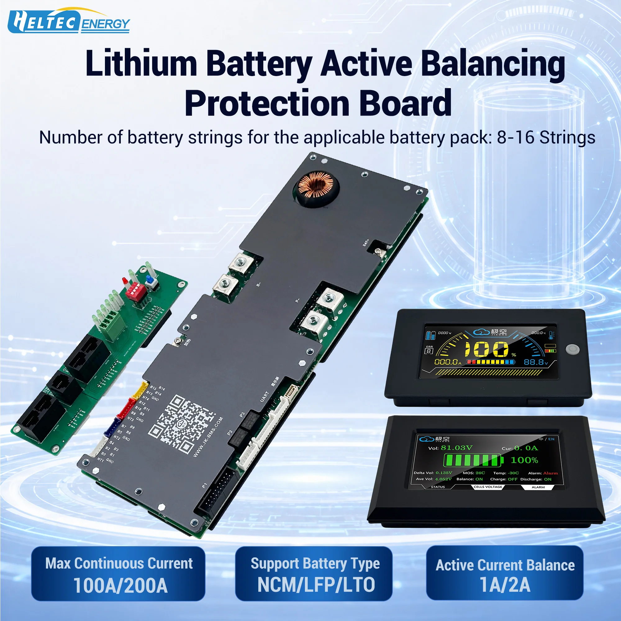 JK BMS 24V 48V Smart BMS Aktives Balancing-Board 1A/2A 100A/200A 8S-16S LiFePO4 NCM LFP LTO für Heimenergie-Wechselrichter