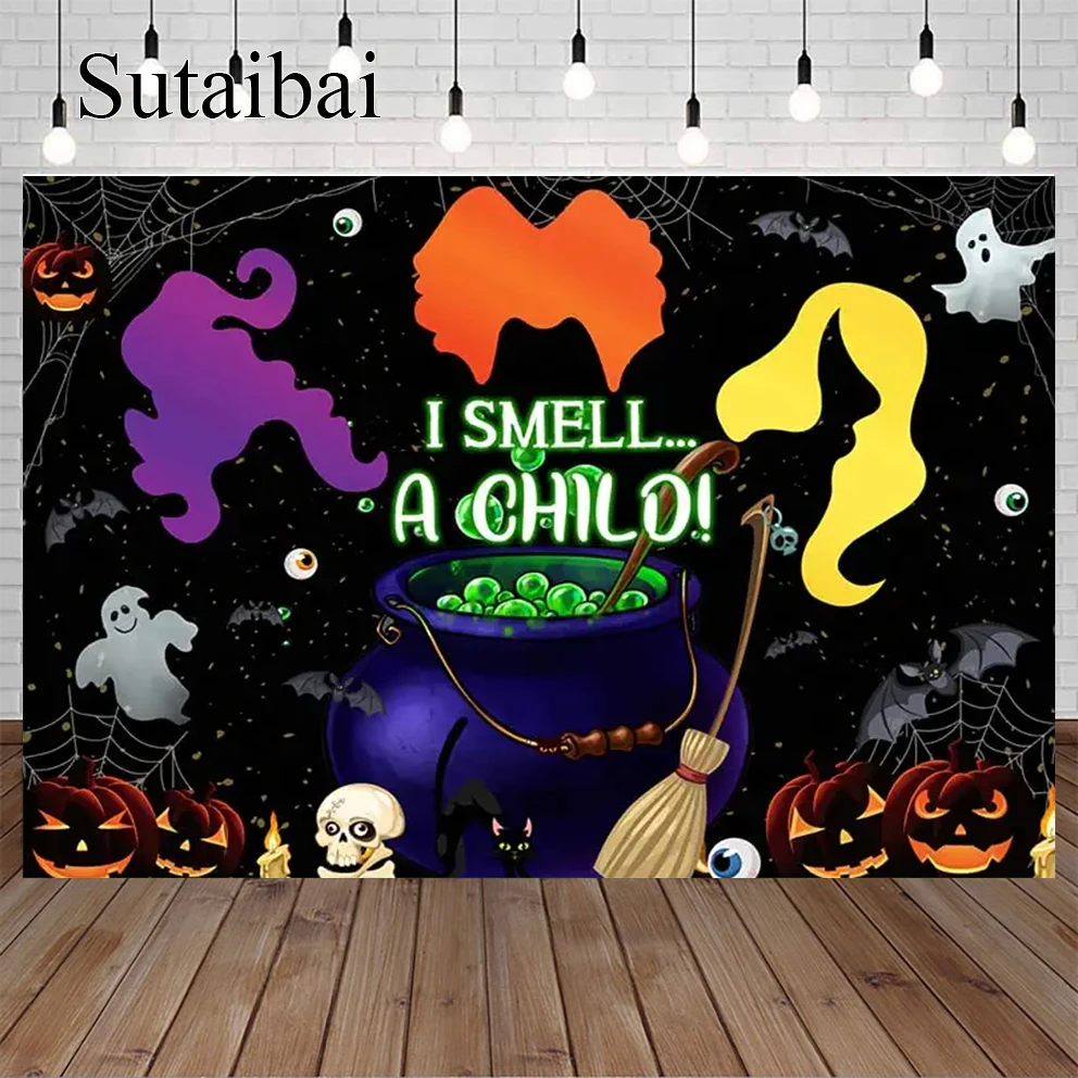 

Halloween I Smell A Child Photography Backdrop Drink Up Witches Theme Background Baby Shower Kids Birthday Trick or Treat Party