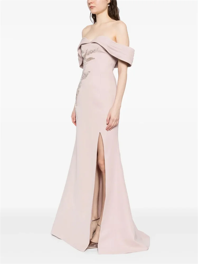 Vestido longo plissado rosa personalizado, sem mangas, ombro de fora, decote plissado, lantejoulas, vestido de noite de sereia embutido