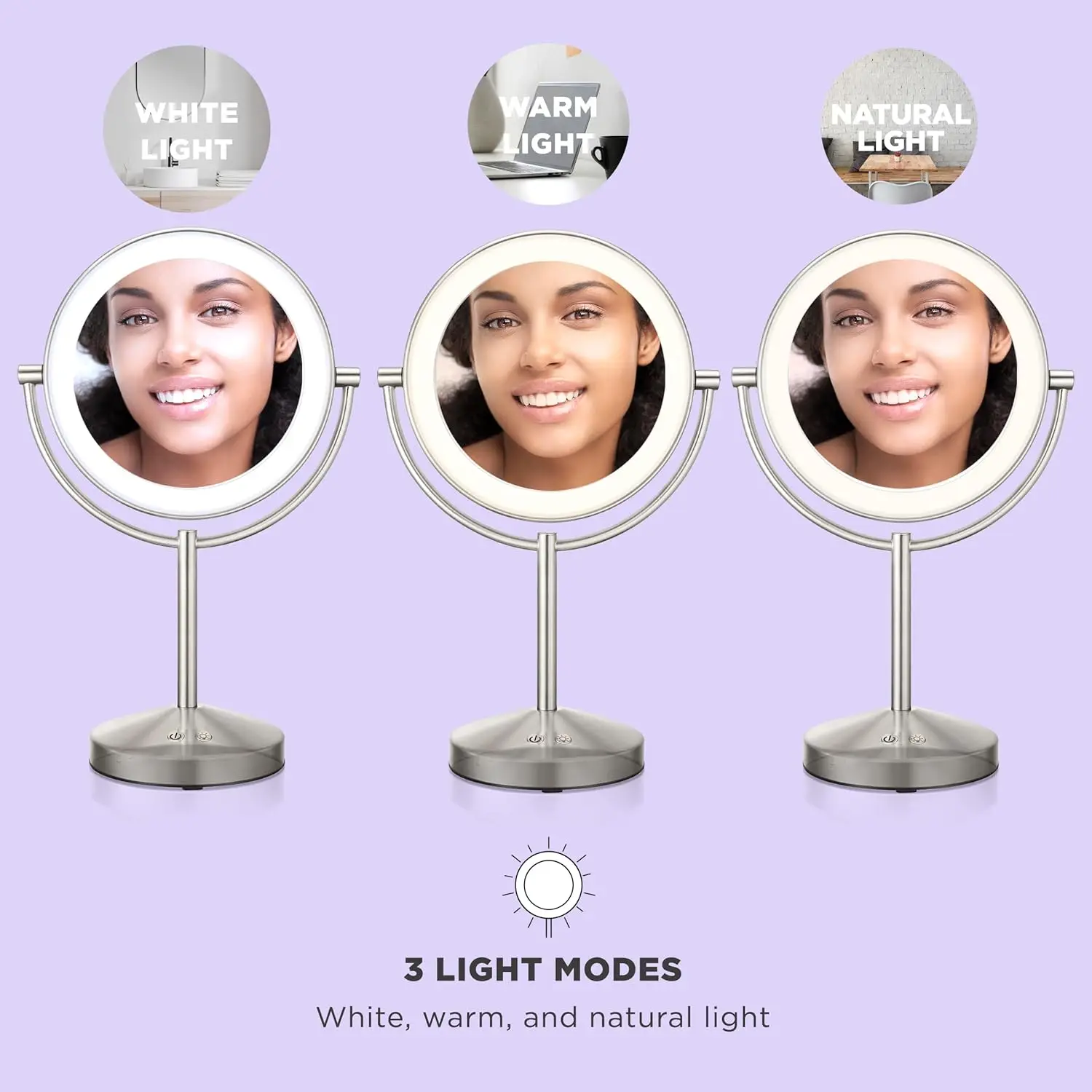 Double-Sided LED Vanity Mirror with 1X/10X Magnification, 3 Light Settings, 360° Rotation