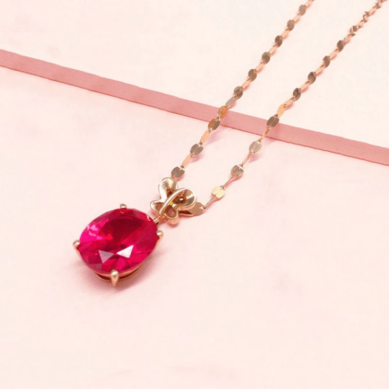 585 Purple Gold 14K Rose Gold Oval Ruby Jewelry Sets Simple Butterfly Necklace Exquisite Fashion Earrings for Women Rings