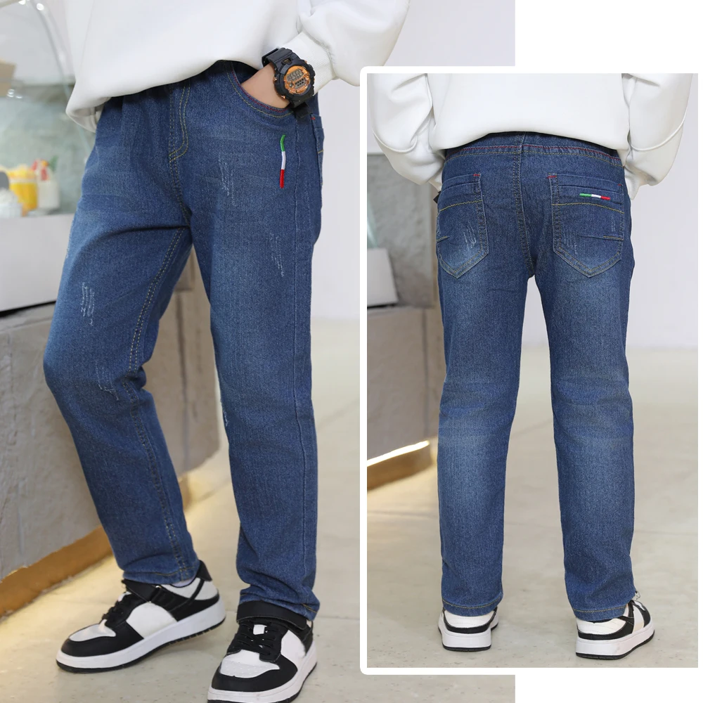 IENENS Kids Slim Jeans Teens Boy Casual Trousers Child Elastic Waist Pants 4-11 Years Fashion Solid Color Straight Denim Pants