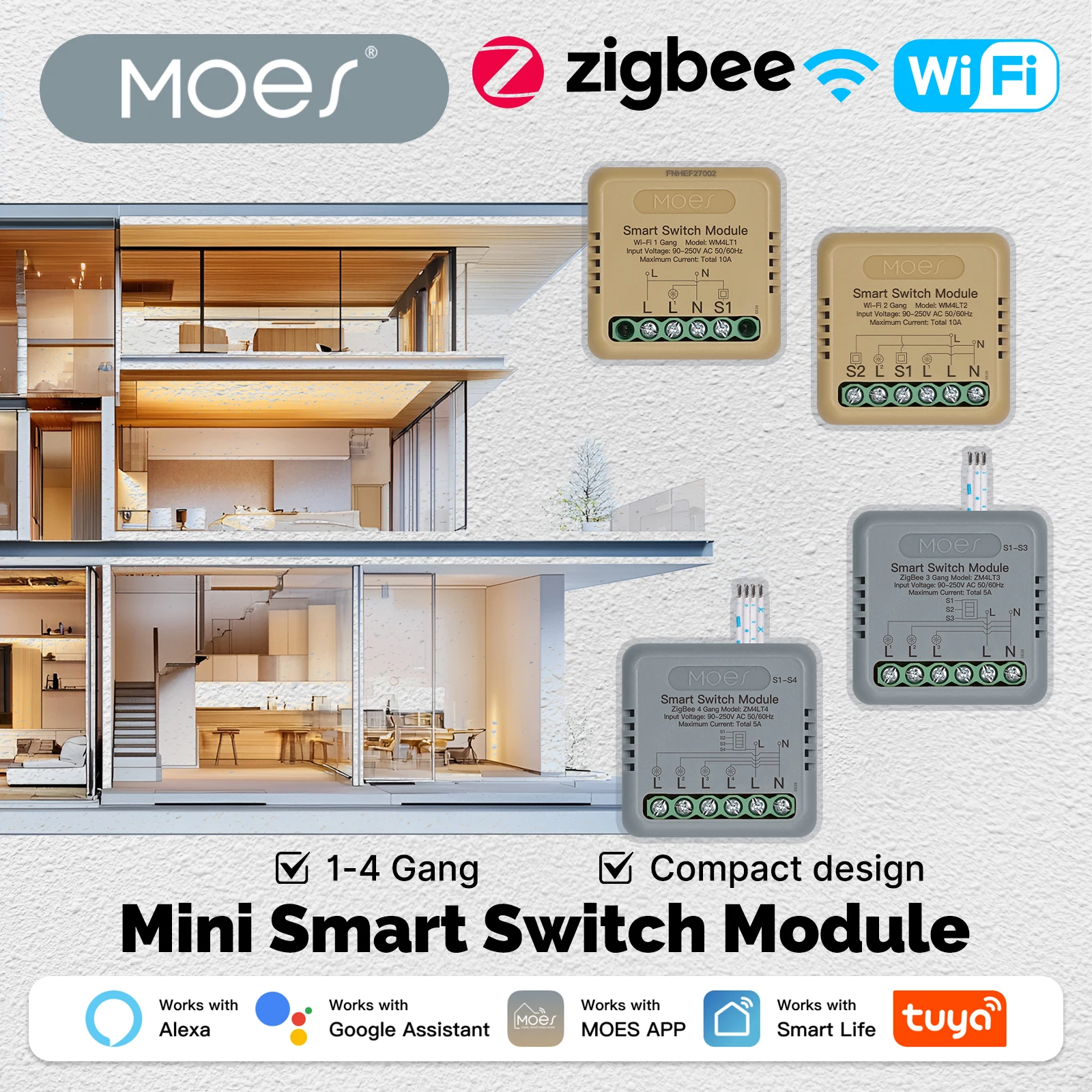 ​​MOES Mini Smart Switch 1-4 Gang,WiFi/Zigbee DIY Module,Works with Alexa&Google Home,Timer&Voice Control,Home Automation​​
