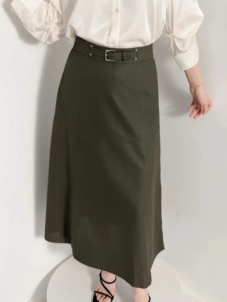 Neue Mode Frauen Aushöhlen Hohe Taille Echtes Leder Röcke A-linie Gürtel Slim Fit Arbeit Dame Echt Schaffell Unterhalb Knie rock