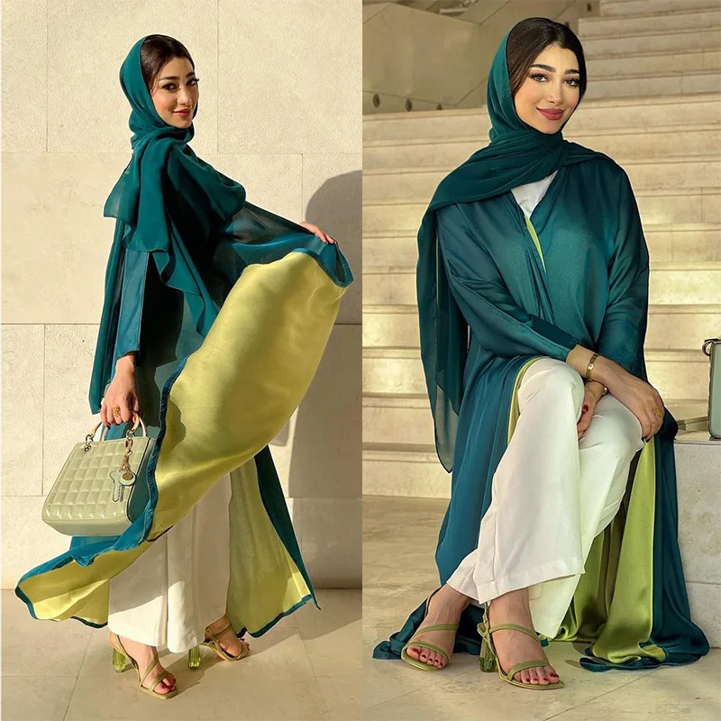 

Jalabiya Middle Eastern Abaya Color Block Jacket Dubai Arabian Dress Robe With Scarf Chiffon Long Sleeves Elegant Cardigan