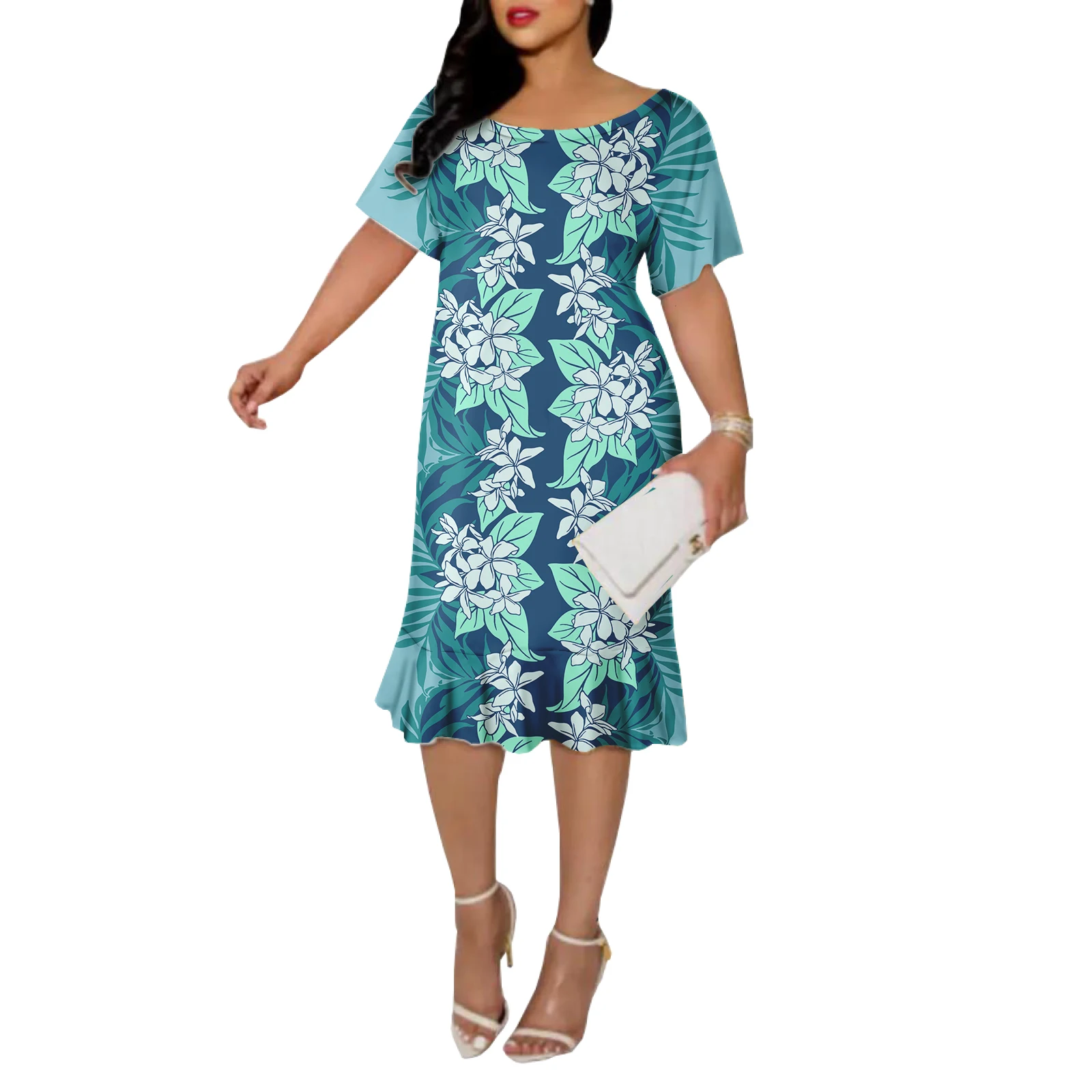 Polynesian island dresses Hawaiin Flowers Pattern Short Sleeve Short Dress  Ladies Fashion Dresses Plus Size