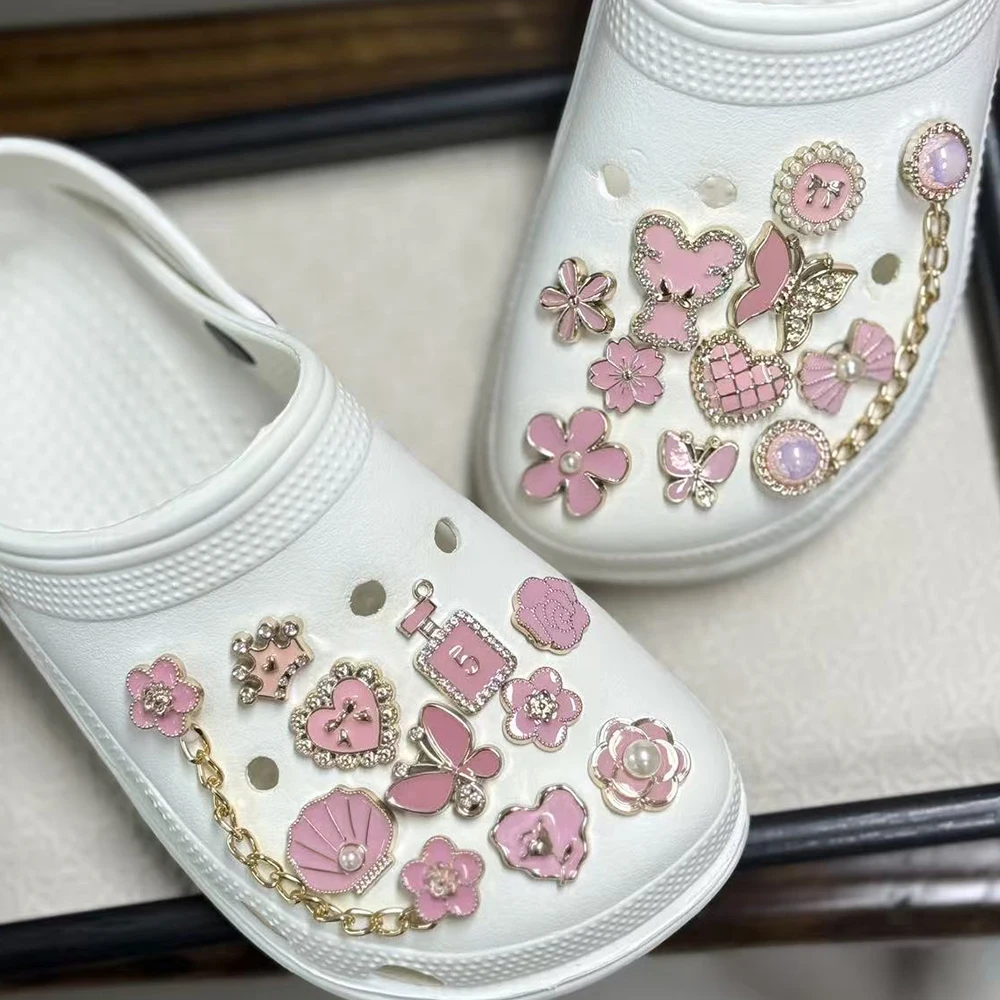 20pcs Pink Camellia Flower Crown Bow Shoe Charms Cute Kawaii Shoe Decor Sandals Accessories for Clog DIY Gift for Women & Girls