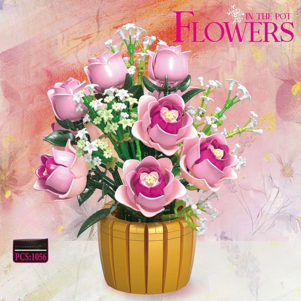 

MOC Pink Rose Gold Bottle Plant Building Blocks Set Powder Planting Flower Pots Home Decor Toys Children Birthday Holiday Gifts