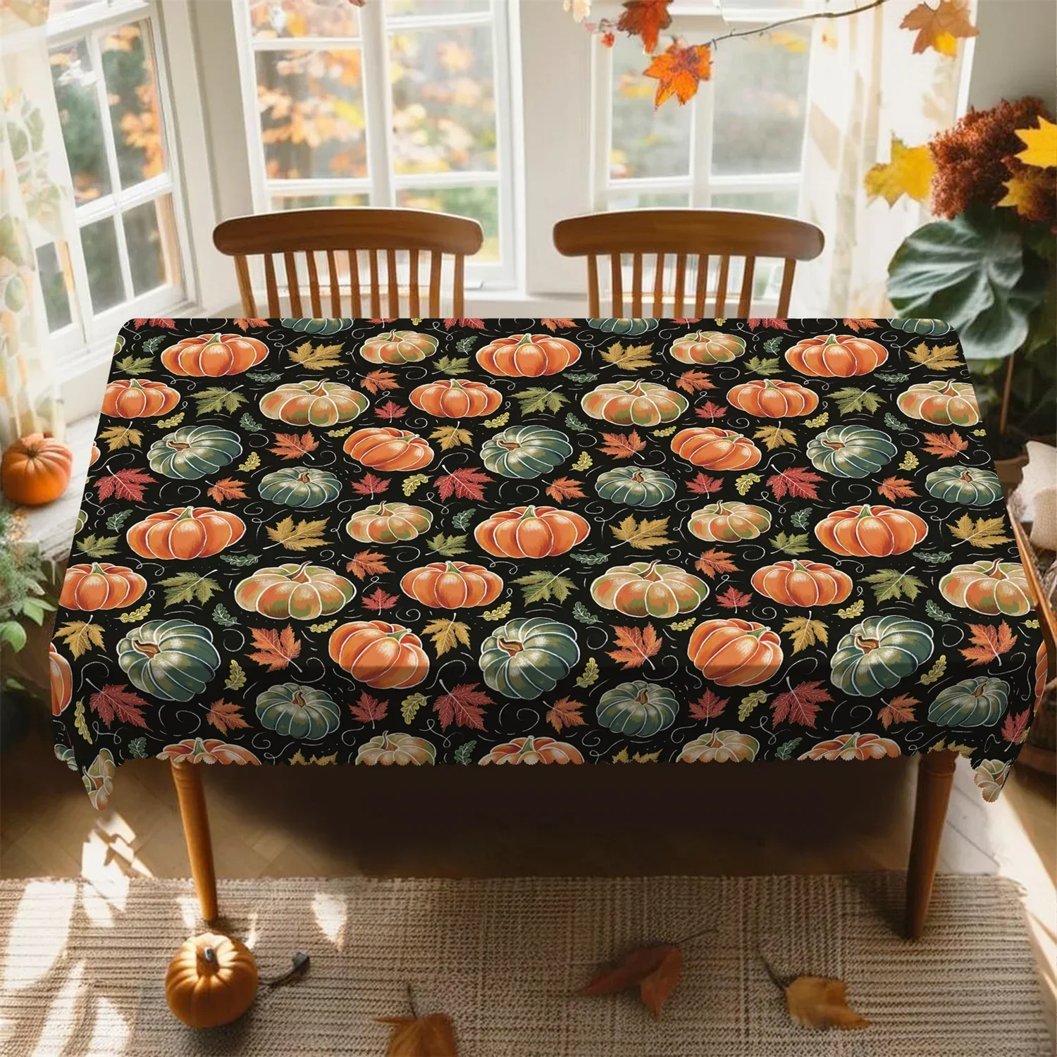 Orange-green pumpkin, red-yellow autumn leaves, black tablecloth (washable), rural style, Thanksgiving partyxzj