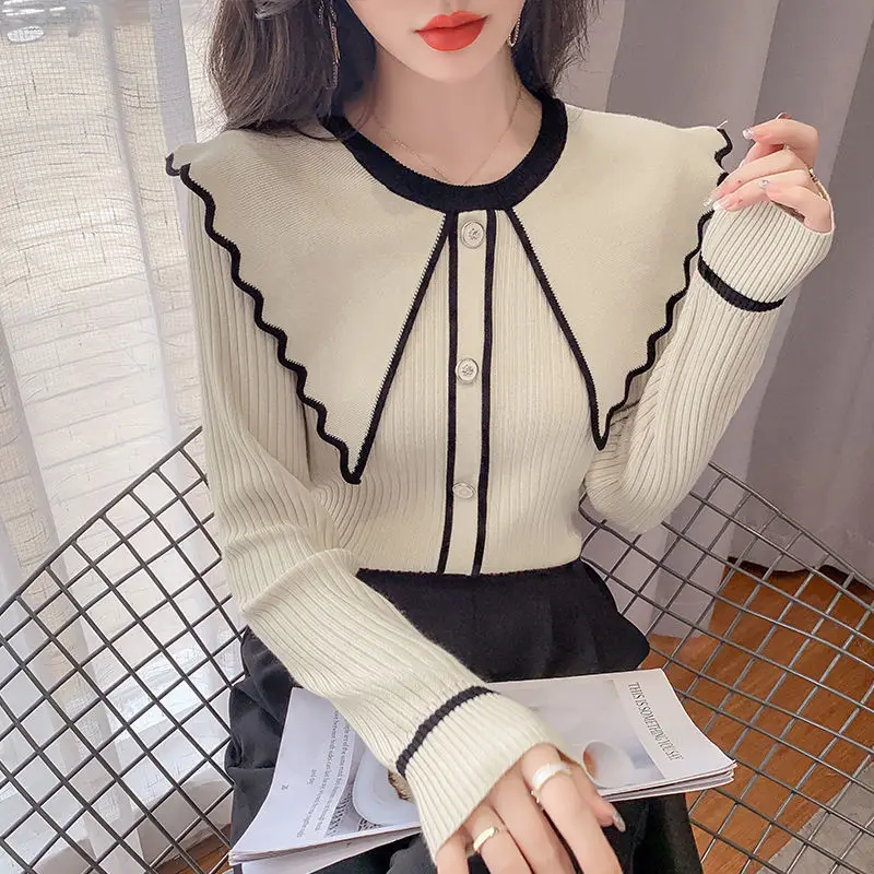 Large Size Women's Knitted Sweater New Color Blocking Pullover Long Sleeved Sweater Loose Slimming Top for Women