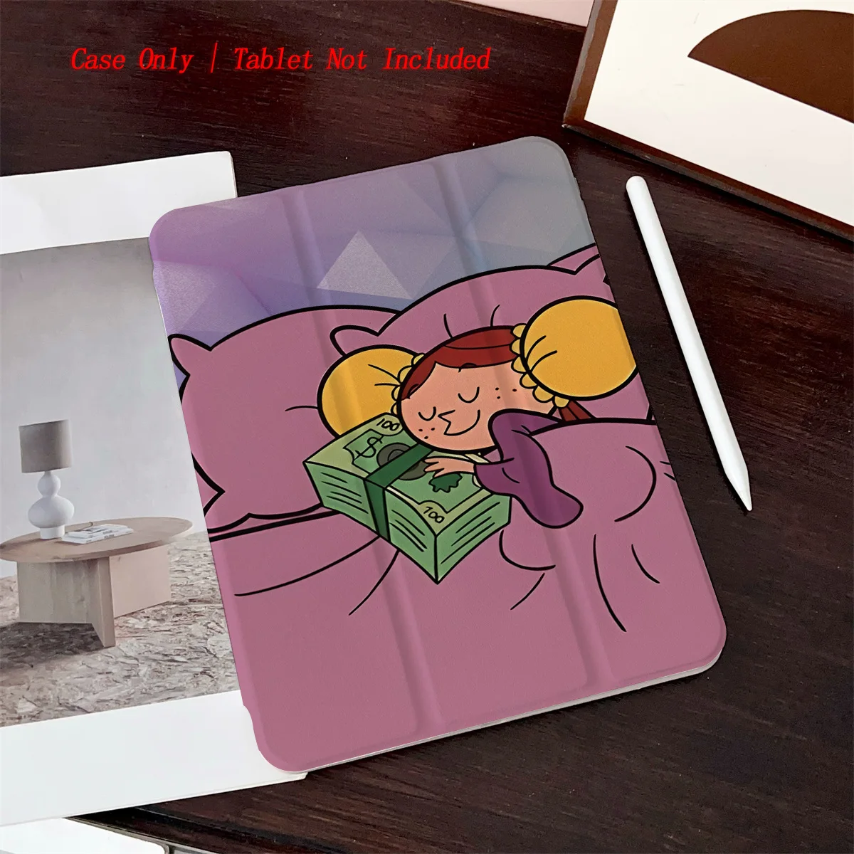 

360° Rotatable Foldable iPad Case - Playful Cartoon Girl Sleeping with Cash Bundle Design for Apple iPad 10.9/11/12.9 Inch
