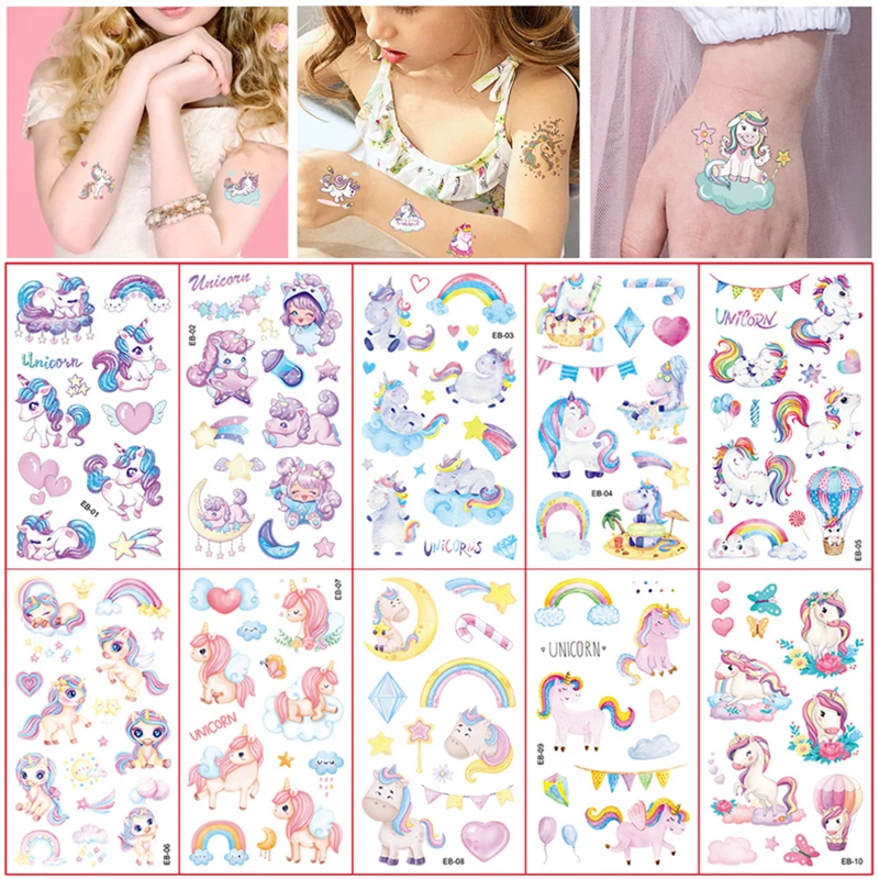 

10Pcs Cartoon Unicorn Tattoo Kid Cute Taty Children Tatouage Temporaire Body Art Waterproof Temporary Tattoo Sticker