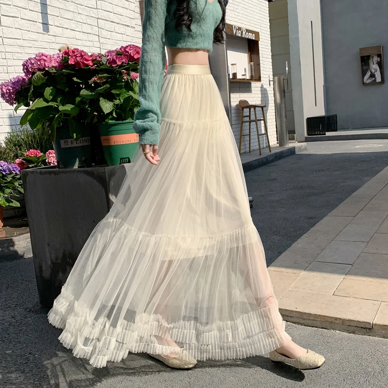 

Slimming Pearlcise Lace Oversized Skirt Pure Color Tulle Splice Fairy Net Cake Long Skirt Puffy f-length Skirt A-Line Midi...