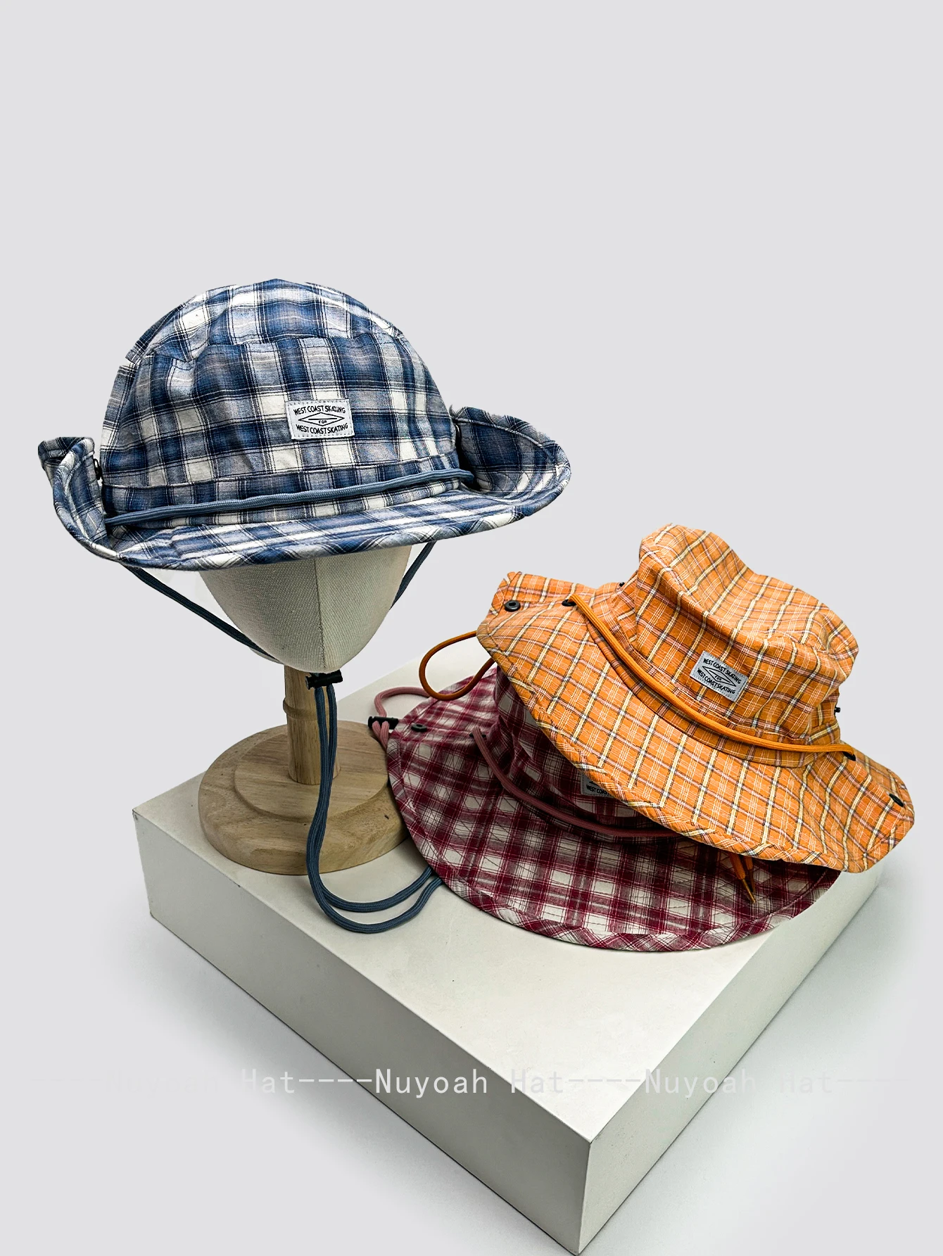 

Spring and summer new plaid sticker letter fisherman hat windbreak rope men's and women's shading outdoor basin hat