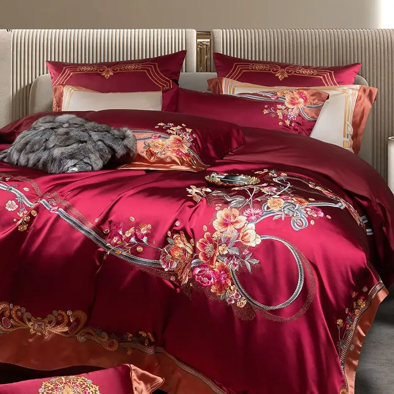 4/6/9Pcs Flowers Embroidery Sateen Brocade Egyptian Cotton Luxury Bedding Set Queen King Size Duvet Cover Bed Sheet Pillowcases