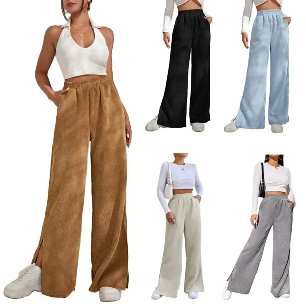 Women Korean Style High Waist Slit Joggers Autumn and Winter Corduroy Women Wide Leg Pants Solid Women Loose Trousers Streetwear