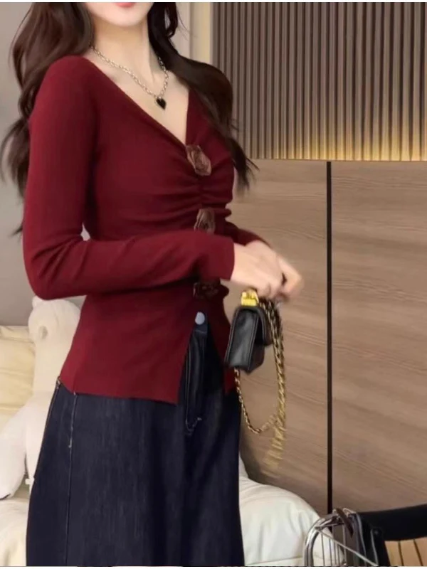 

V-Ne Rose Flower Knitted Sweater Women's Long Sve Overhead Warm Pure Color Base Layer Sweater Autumn Winter New Arrival