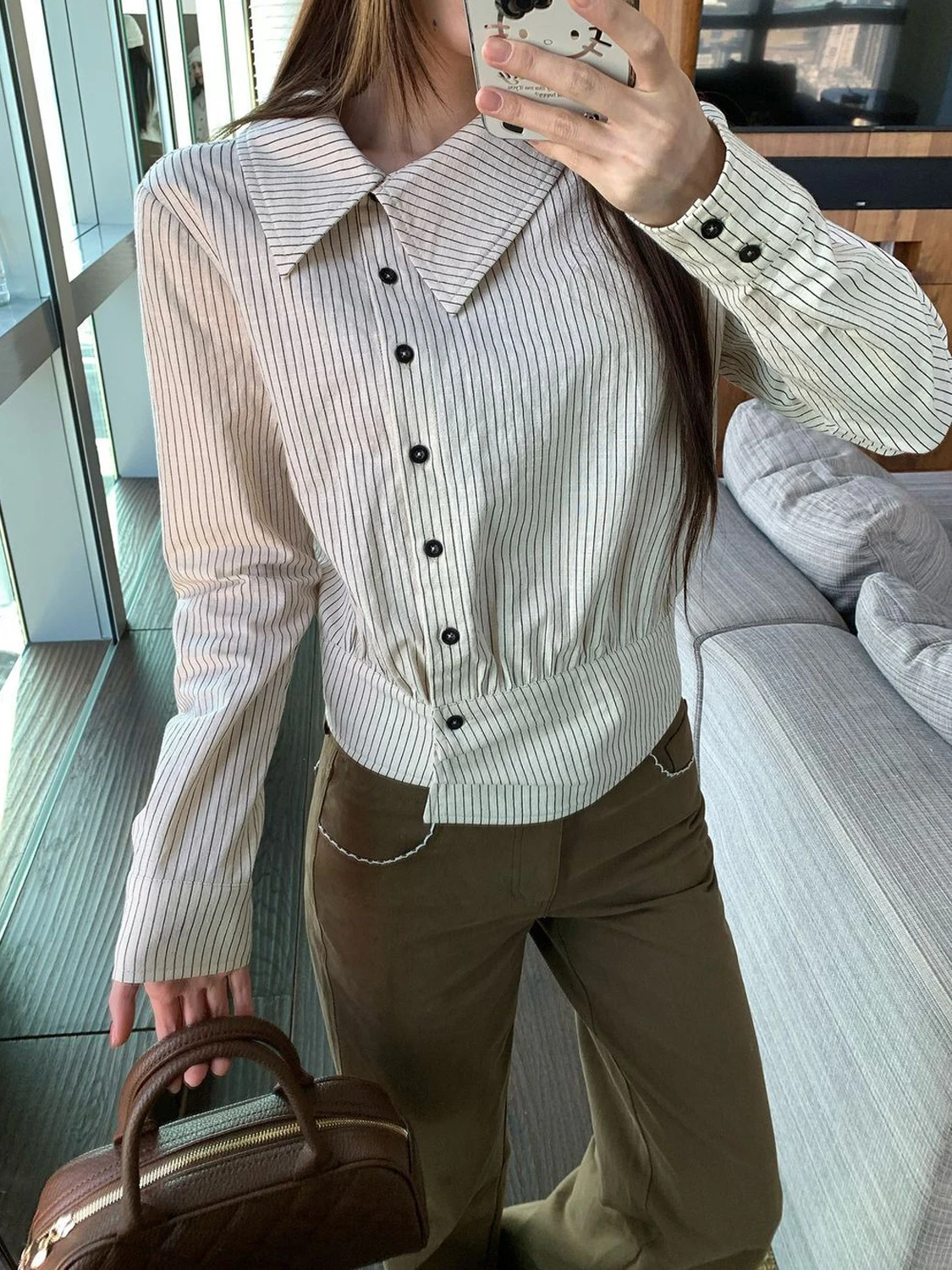 Women Korean Polo Collar Striped Shirts Women New Shirt Waist Hugging Slimming Design Sense  Versatile Top Long Sleeve Blouse