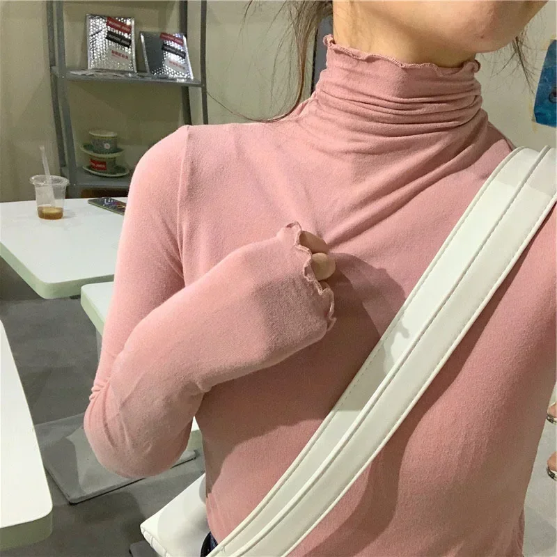 Spring Autumn Turtleneck T-shirt Women All-Match Top Shirt Soft Comfortable Inner Top Casual Long Sleeve T-shirt Office Wear