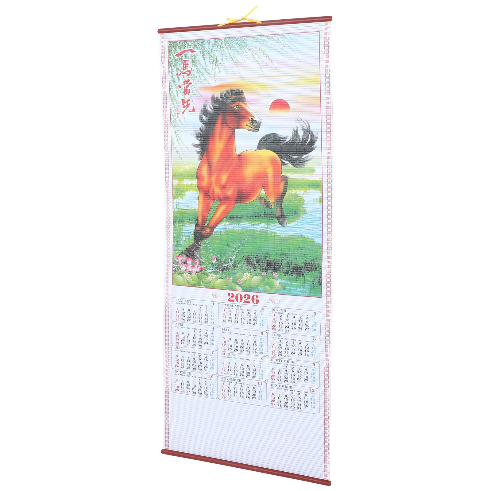 

2026 Horse Year Wall Scroll Calendar Faux Rattan Design Chinese New Year Decorations Lunar Calendars Office Home Wall