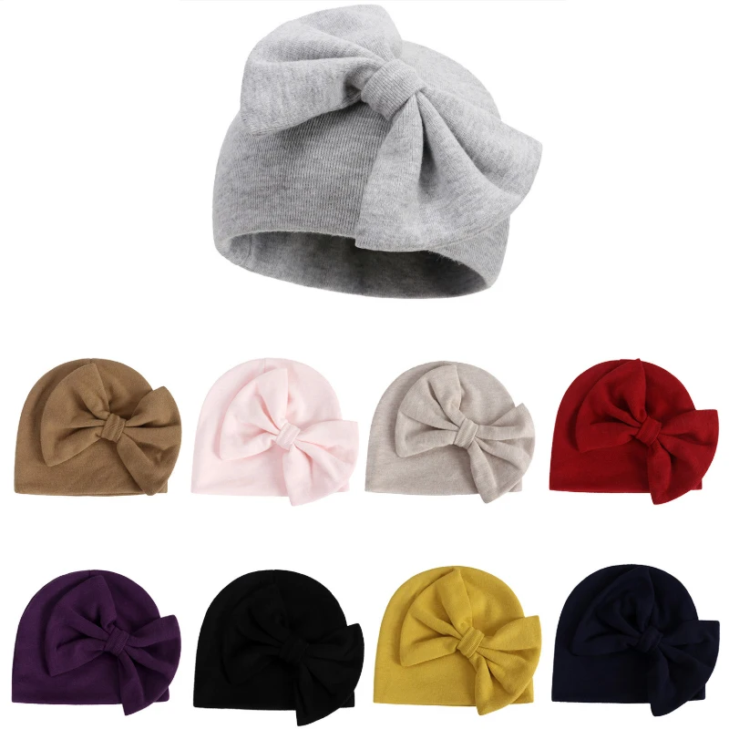 

0-3M Newborn Baby Hat Cute Bowknot Solid Color Beanie Baby Girl Turban Hat Infant Bonnet Cotton Soft Kids Hats Girls Shower Gift