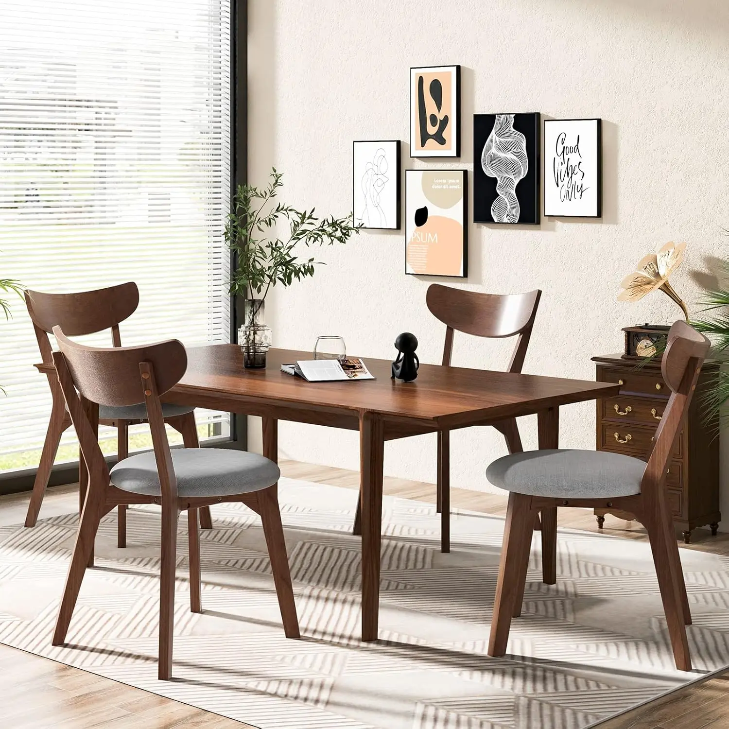 Dining Chairs Set of 4, Mid-Century Modern Kitchen & Dining Chairs with Curved Back and Cushioned Seat, Walnut Finished Wood