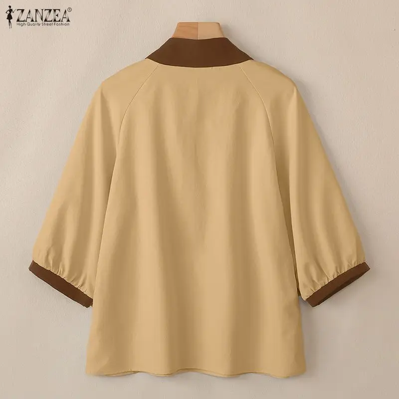 ZANZEA Women Casual Blouses Fashion 3/4 Sleeve Color Patchwork Shirts 2025 Autumn V-Neck Buttons Stylish Tops Female Blusas