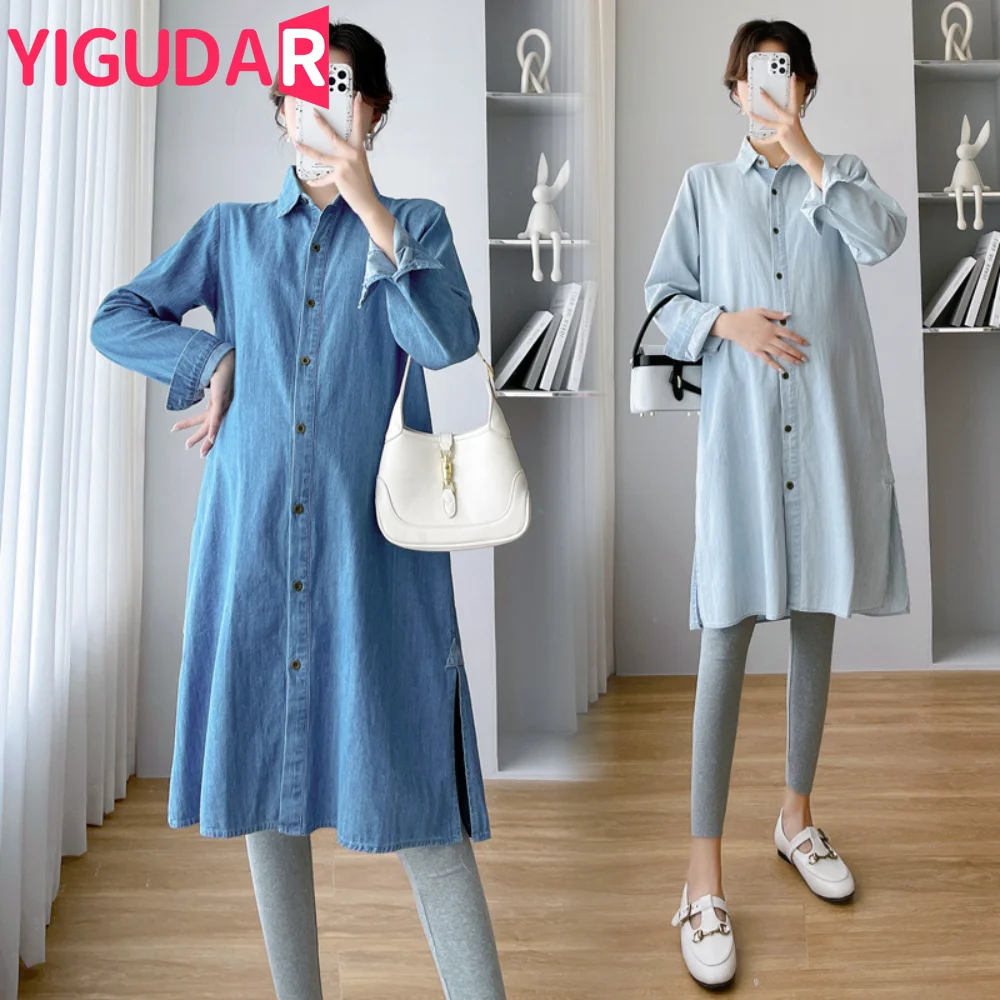 Loose Maternity Dresses Shirt Casual Jeans Demin Dress Long Sleeve fashion Tops Vestido de fotografia Pregnancy Women Clothing