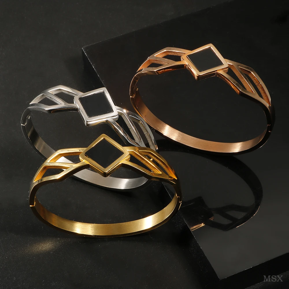 

JOVO LOVE Black Rhombus Irregular Hollow Bangle Personality Design Stainless Steel Waterproof Bracelet Fashion for Women jewelry