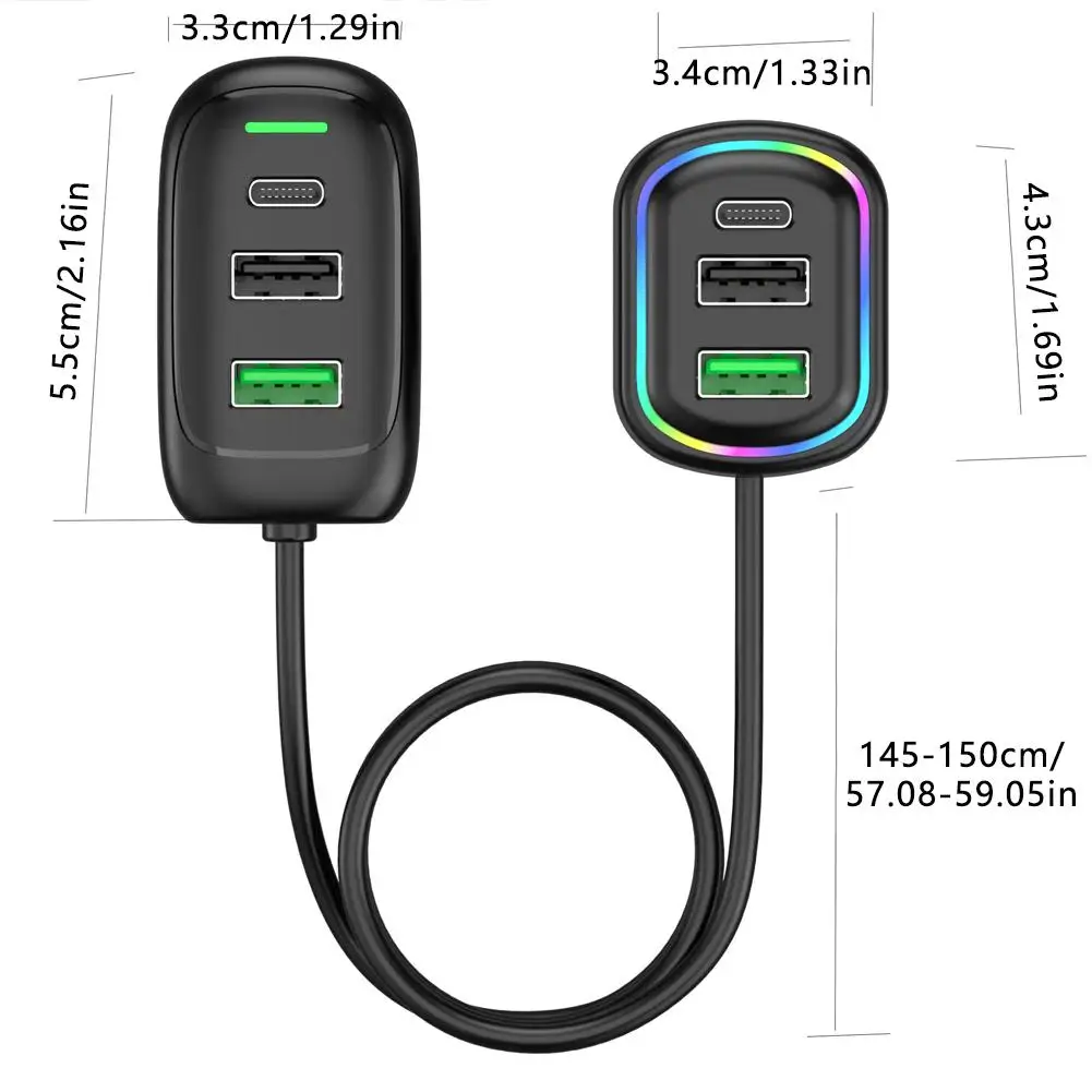Cargador de coche de extensión delantera y trasera USB tipo C de 6 puertos con luz RGB PD adaptador de corriente de carga rápida para tableta Iphone