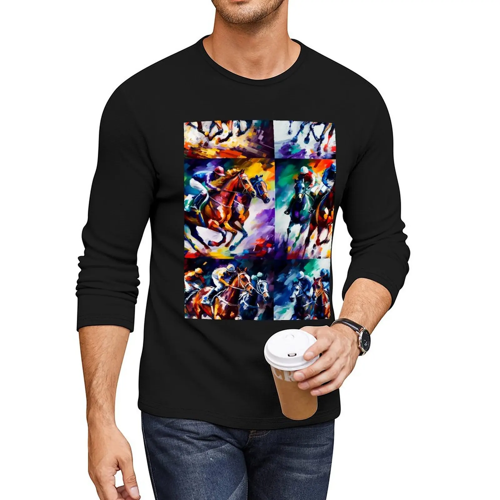 

Chasing the Finish Line: A Captivating Horse Racing Artwork in Quadrants Long T-Shirt graphics t shirt men clothes