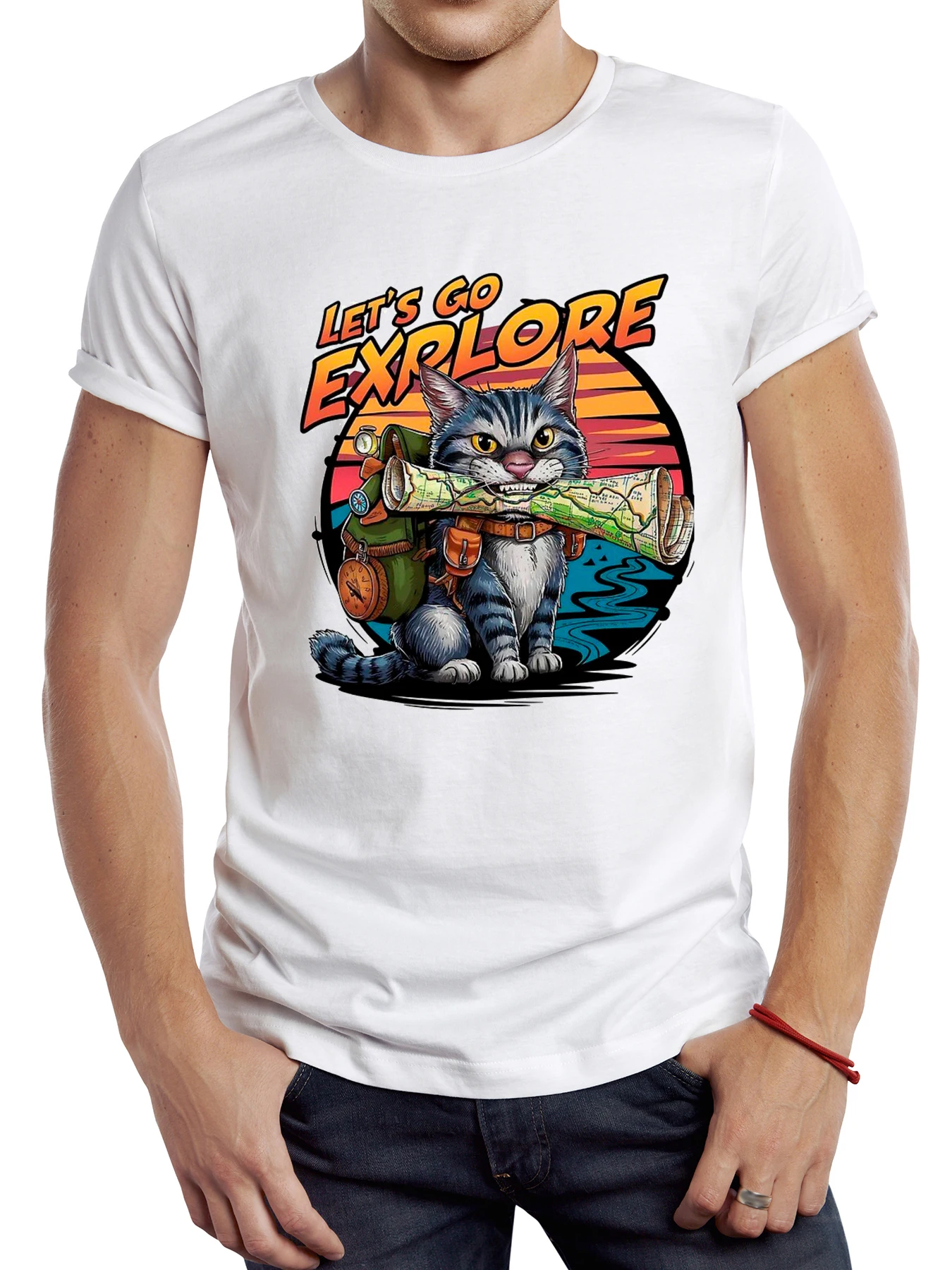 

FPACE Vintage Cat With Map Printed T shirt Cool Sport Let's Go Explore Tops Basic Men Harajuku Adventure Tshirts