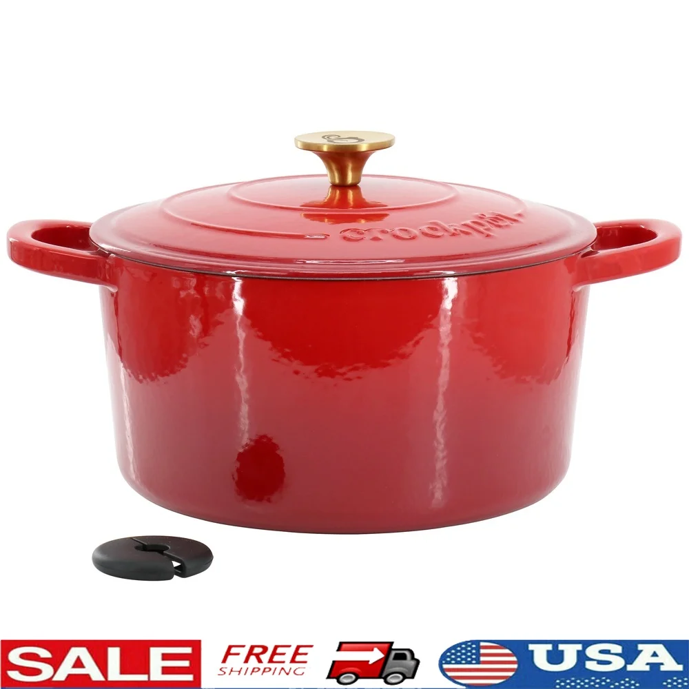 

6 Quart Enameled Cast Iron Dutch Oven Self Basting Lid Round Cooking Pot Silicone Handle Oven Safe Gas Electric Induction